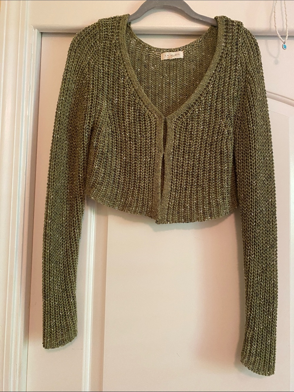 La Hearts Olive Cropped V-Neck Knit Cardigan